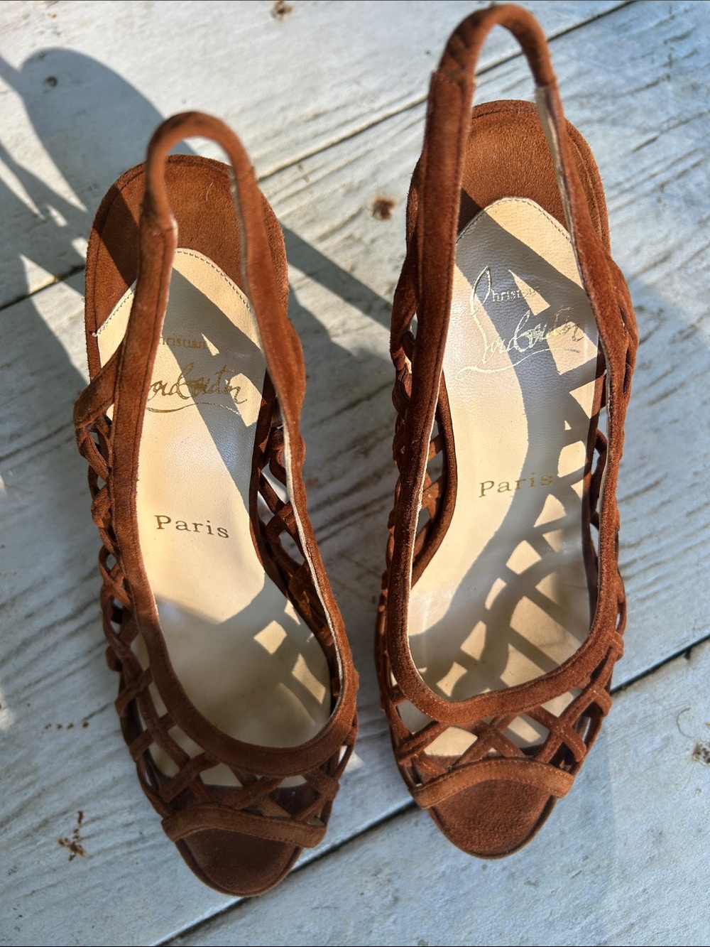 Christian Louboutin Brown Suede Lattice Slingback Heels